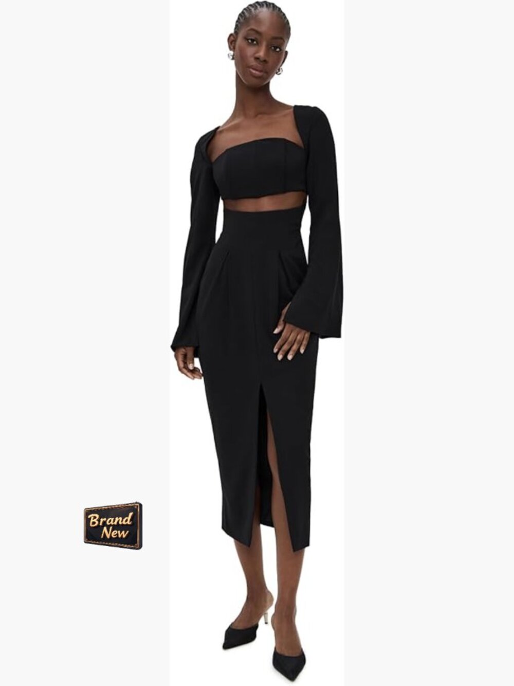 Midi Dress with Cutout Waist and Bell Sleeves